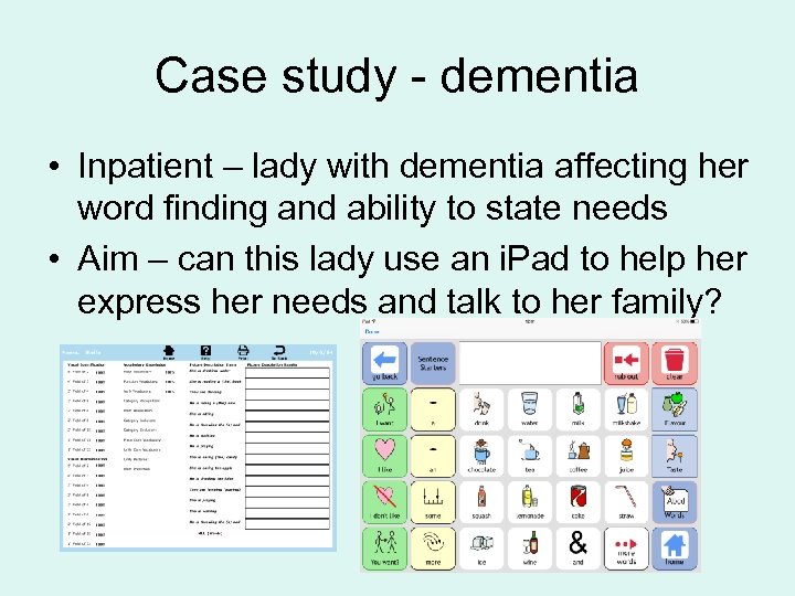 Case study - dementia • Inpatient – lady with dementia affecting her word finding