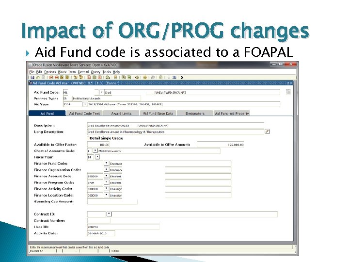 Impact of ORG/PROG changes Aid Fund code is associated to a FOAPAL 