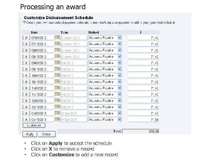Processing an award • • • Click on Apply to accept the schedule Click