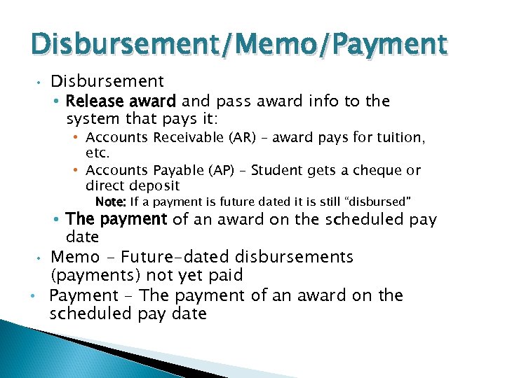 Disbursement/Memo/Payment • Disbursement • Release award and pass award info to the system that