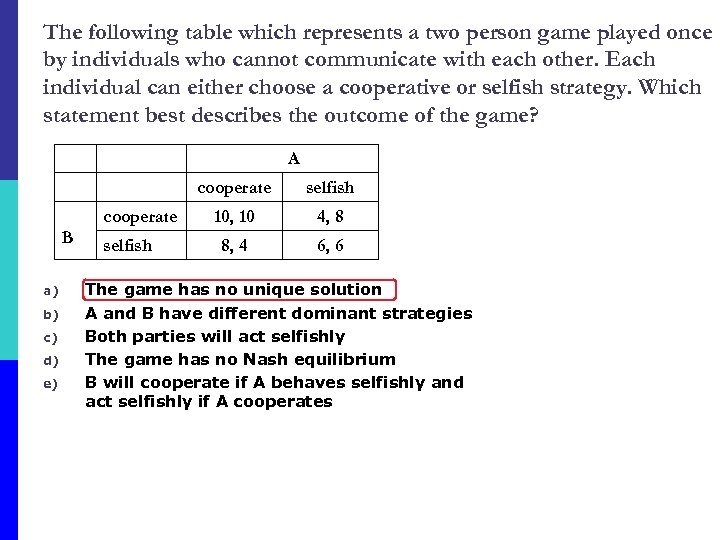 The following table which represents a two person game played once by individuals who