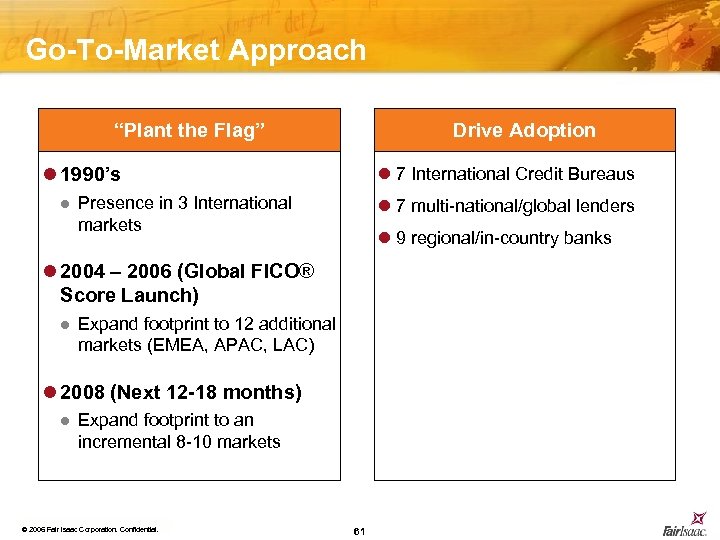 Go-To-Market Approach “Plant the Flag” Drive Adoption l 7 International Credit Bureaus l 1990’s