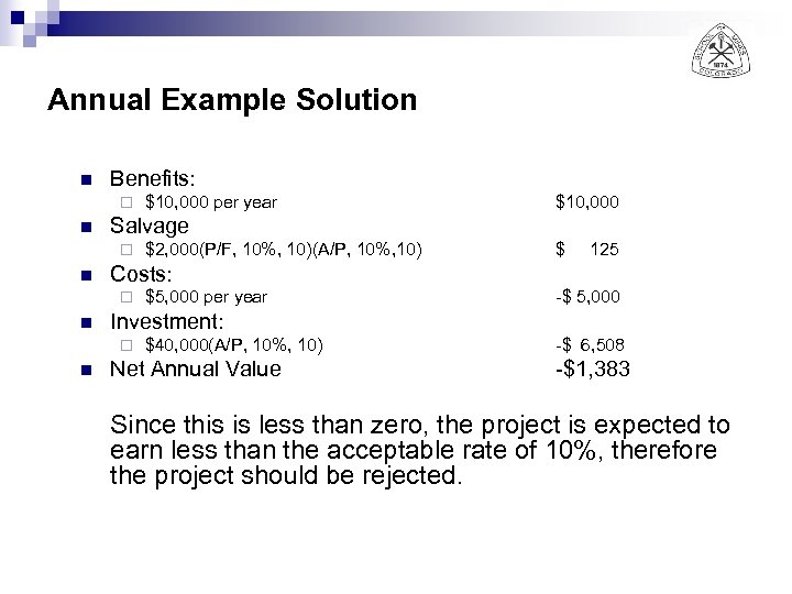 Annual Example Solution n Benefits: ¨ n $ 125 $5, 000 per year -$