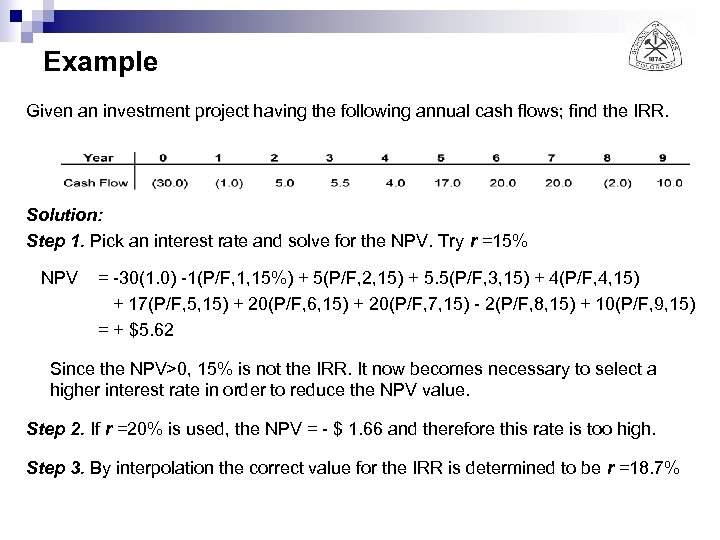 Example Given an investment project having the following annual cash flows; find the IRR.