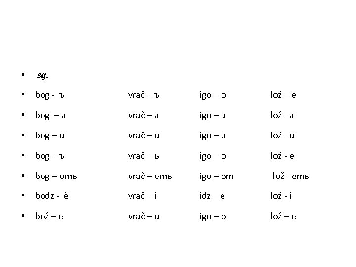  • sg. • bog - ъ vrač – ъ igo – o lož