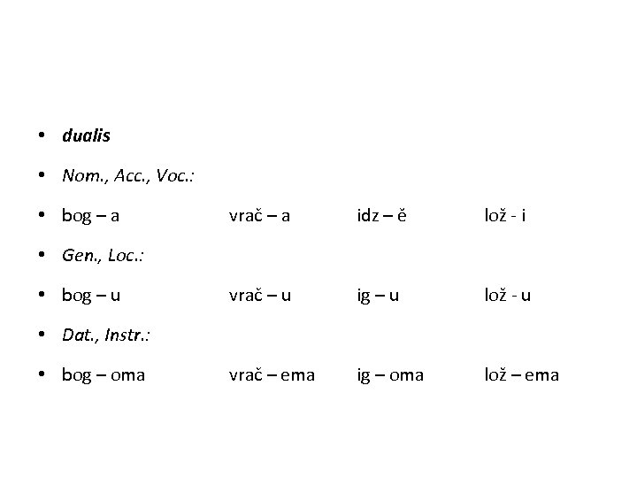  • dualis • Nom. , Acc. , Voc. : • bog – a