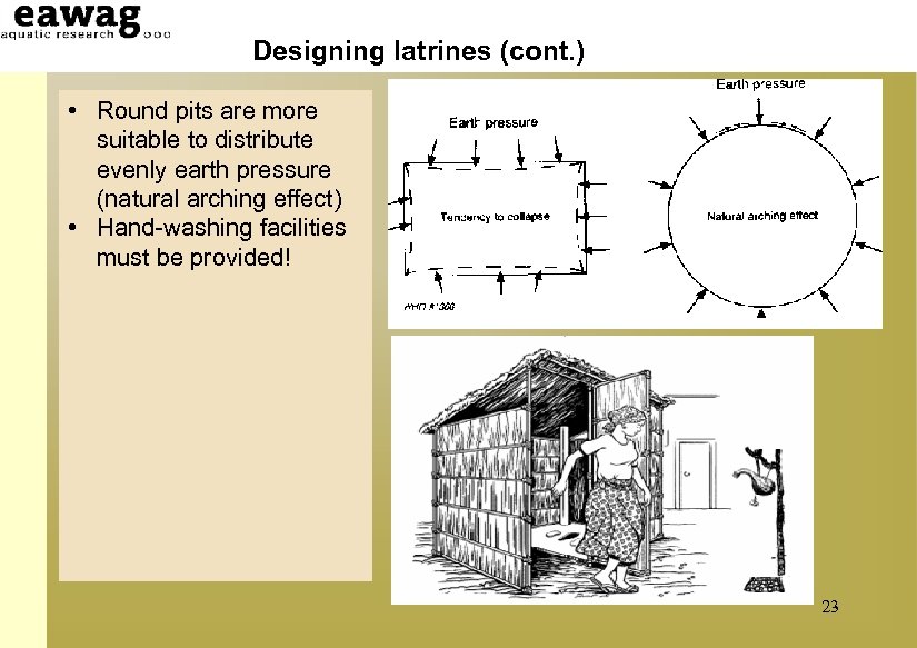Designing latrines (cont. ) • Round pits are more suitable to distribute evenly earth