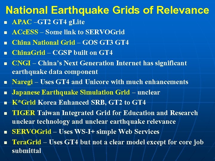 National Earthquake Grids of Relevance n n n APAC –GT 2 GT 4 g.