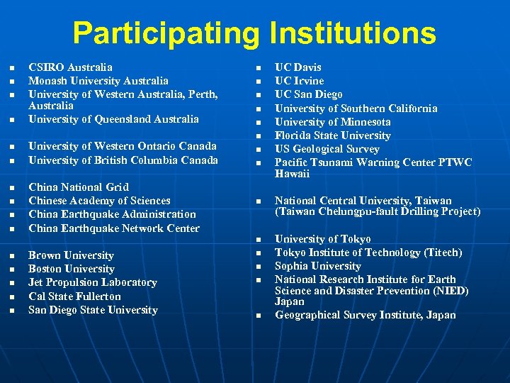 Participating Institutions n n n n n CSIRO Australia Monash University Australia University of