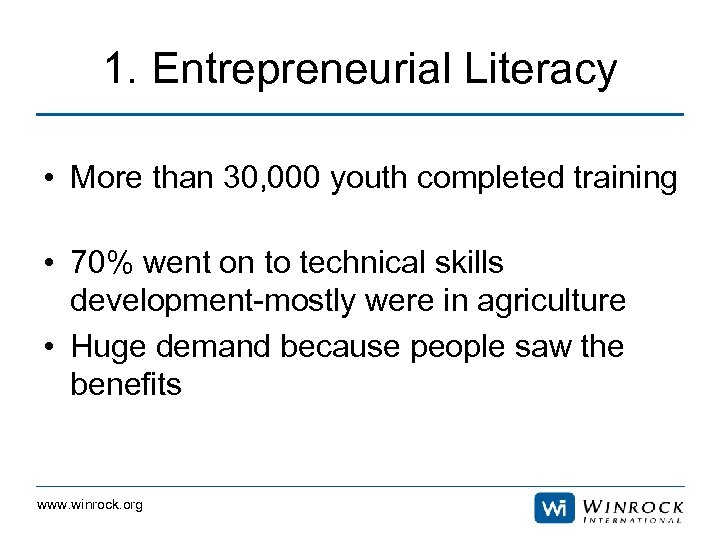 1. Entrepreneurial Literacy • More than 30, 000 youth completed training • 70% went