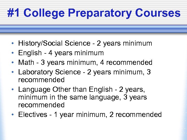 #1 College Preparatory Courses • • History/Social Science - 2 years minimum English -