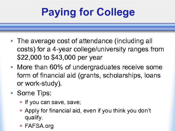 Paying for College • The average cost of attendance (including all costs) for a