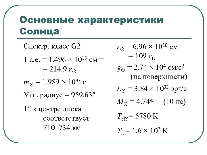 Основные характеристики Солнца Спектр. класс G 2 1 а. е. = 1. 496 ×