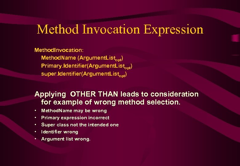 Method Invocation Expression Method. Invocation: Method. Name (Argument. Listopt) Primary. Identifier(Argument. Listopt) super. Identifier(Argument.