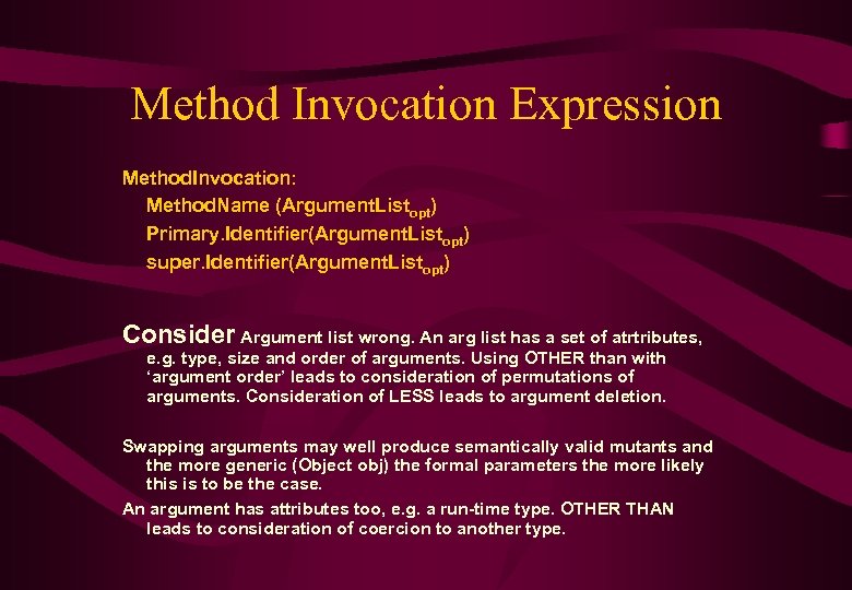 Method Invocation Expression Method. Invocation: Method. Name (Argument. Listopt) Primary. Identifier(Argument. Listopt) super. Identifier(Argument.