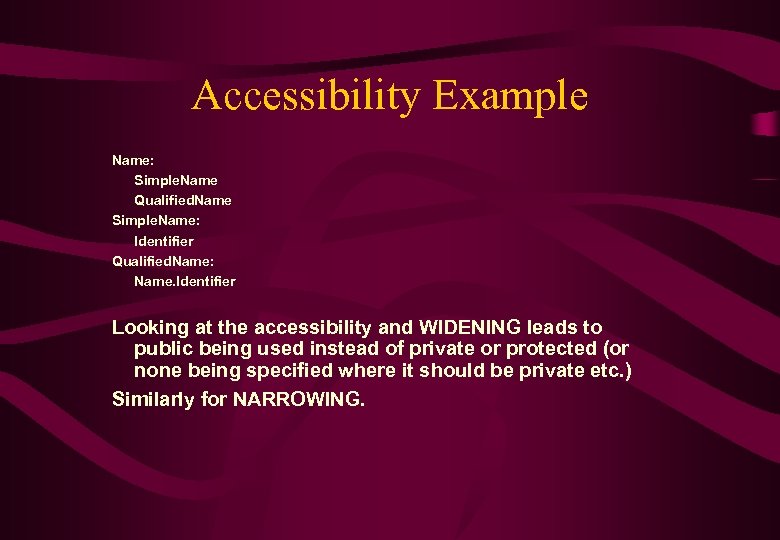 Accessibility Example Name: Simple. Name Qualified. Name Simple. Name: Identifier Qualified. Name: Name. Identifier