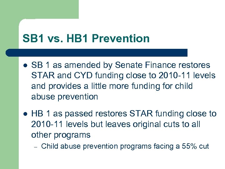 SB 1 vs. HB 1 Prevention l SB 1 as amended by Senate Finance