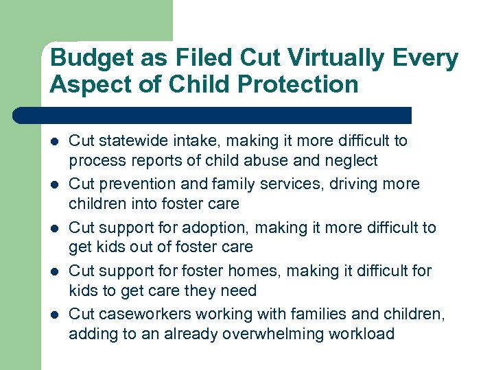 Budget as Filed Cut Virtually Every Aspect of Child Protection l l l Cut