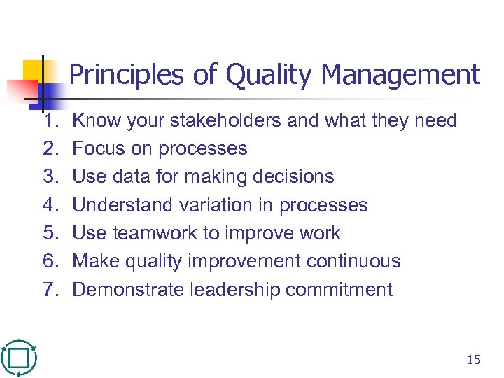 Principles of Quality Management 1. 2. 3. 4. 5. 6. 7. Know your stakeholders