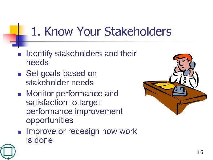 1. Know Your Stakeholders n n Identify stakeholders and their needs Set goals based