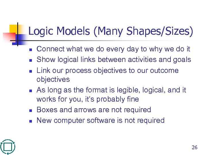 Logic Models (Many Shapes/Sizes) n n n Connect what we do every day to