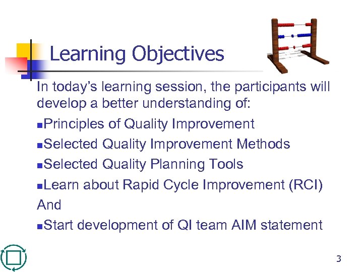 Learning Objectives In today’s learning session, the participants will develop a better understanding of: