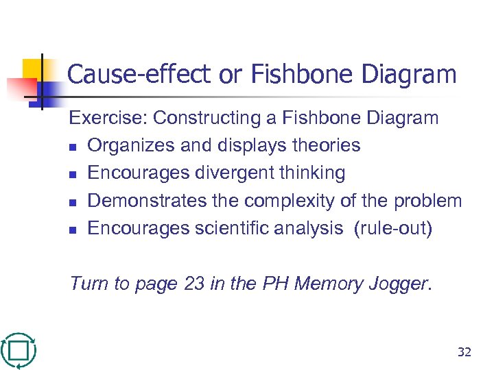 Cause-effect or Fishbone Diagram Exercise: Constructing a Fishbone Diagram n Organizes and displays theories