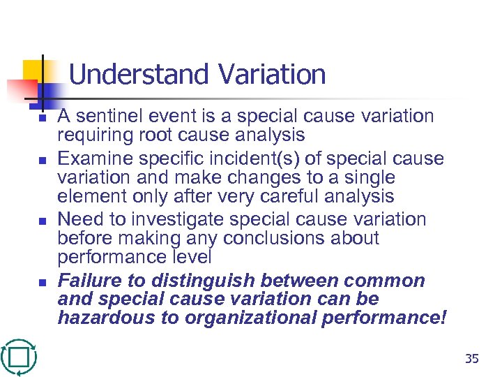 Understand Variation n n A sentinel event is a special cause variation requiring root