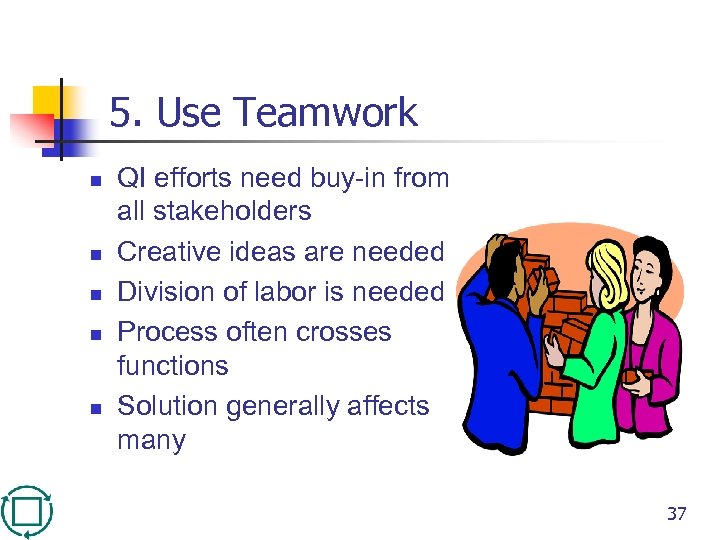 5. Use Teamwork n n n QI efforts need buy-in from all stakeholders Creative
