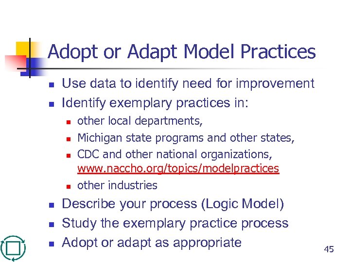 Adopt or Adapt Model Practices n n Use data to identify need for improvement