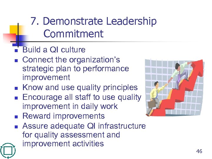 7. Demonstrate Leadership Commitment n n n Build a QI culture Connect the organization’s