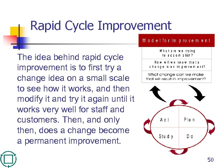 Rapid Cycle Improvement The idea behind rapid cycle improvement is to first try a