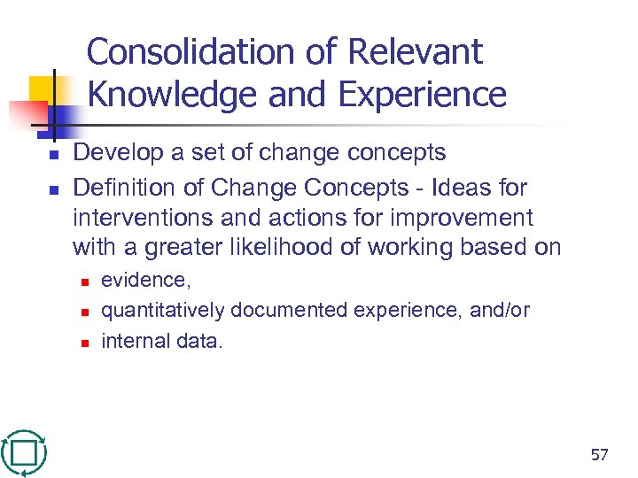 Consolidation of Relevant Knowledge and Experience n n Develop a set of change concepts