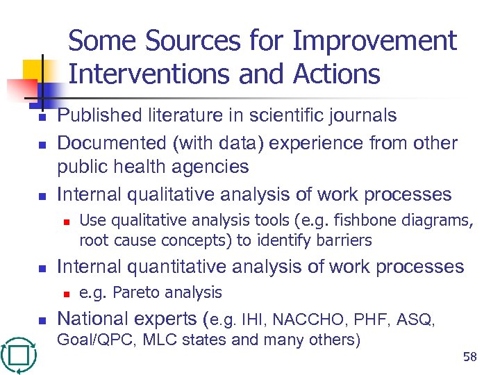 Some Sources for Improvement Interventions and Actions n n n Published literature in scientific