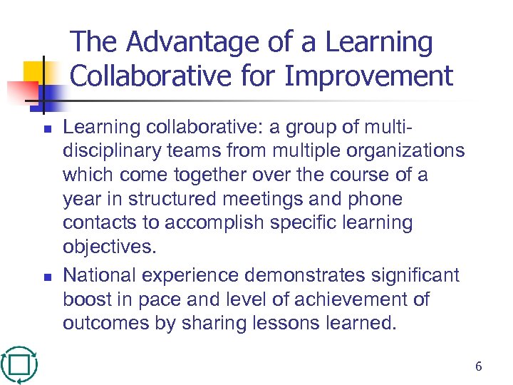 The Advantage of a Learning Collaborative for Improvement n n Learning collaborative: a group