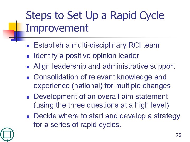 Steps to Set Up a Rapid Cycle Improvement n n n Establish a multi-disciplinary