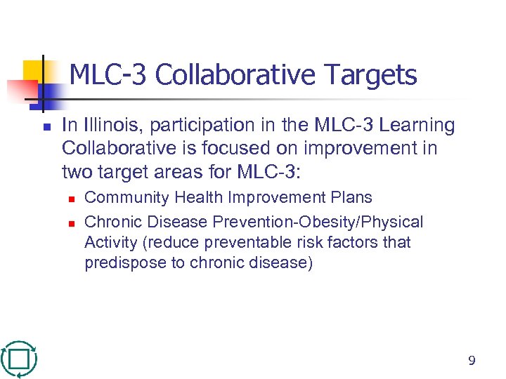 MLC-3 Collaborative Targets n In Illinois, participation in the MLC-3 Learning Collaborative is focused