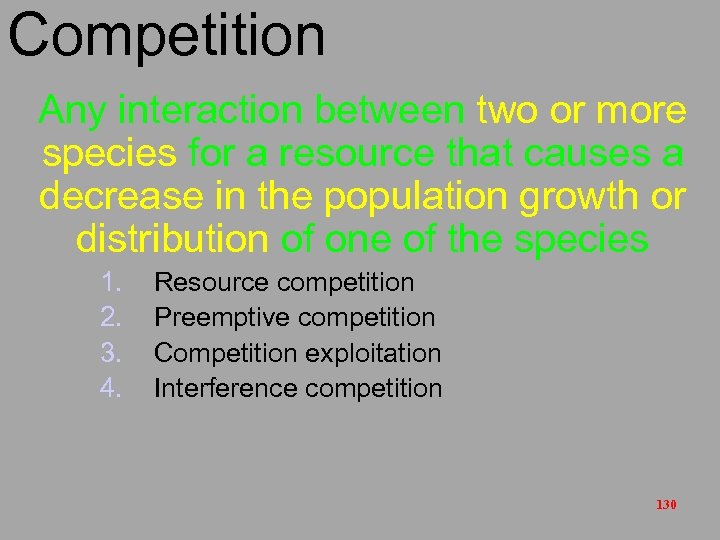 Competition Any interaction between two or more species for a resource that causes a