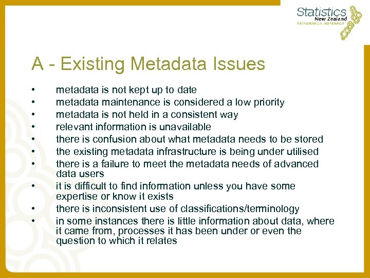 A - Existing Metadata Issues • • • metadata is not kept up to