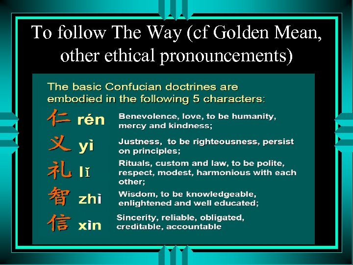 To follow The Way (cf Golden Mean, other ethical pronouncements) 