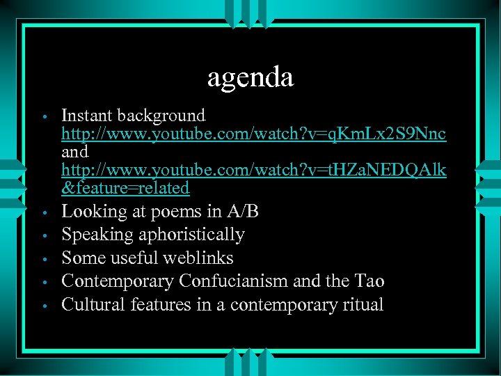 agenda • • • Instant background http: //www. youtube. com/watch? v=q. Km. Lx 2