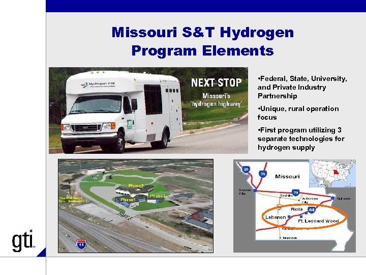 Missouri S&T Hydrogen Program Elements • Federal, State, University, and Private Industry Partnership •