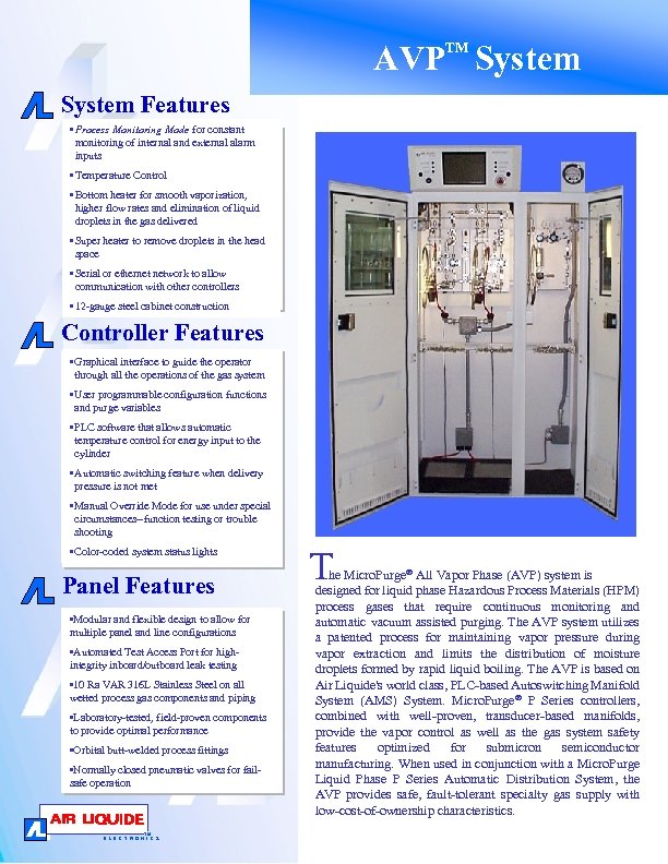 AVP System TM System Features • Process Monitoring Mode for constant monitoring of internal