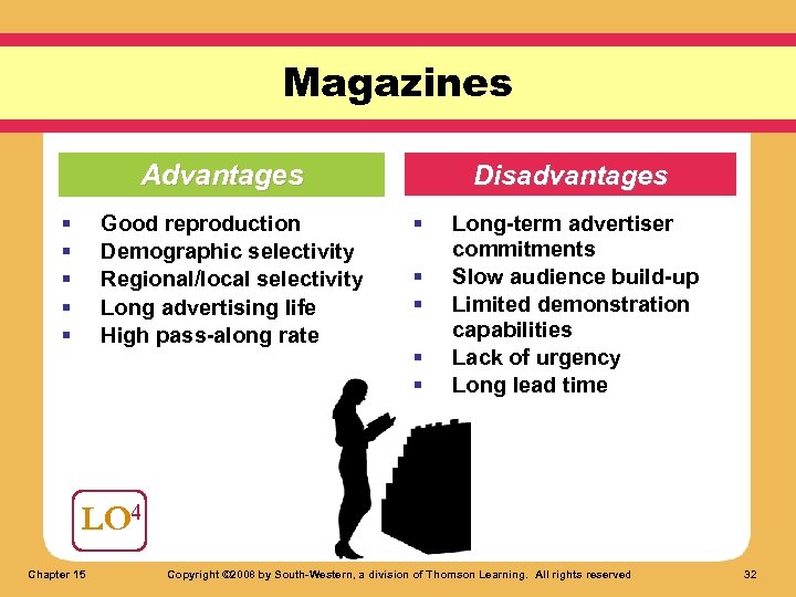 Magazines Advantages § § § Good reproduction Demographic selectivity Regional/local selectivity Long advertising life
