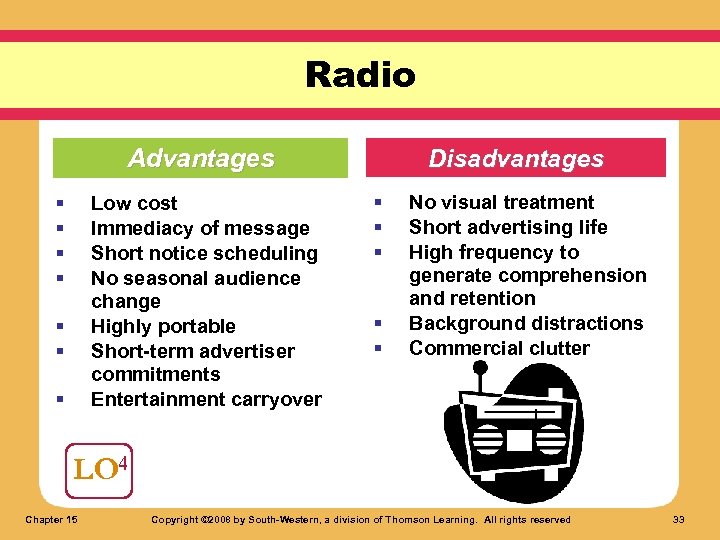 Radio Advantages § § Low cost Immediacy of message Short notice scheduling No seasonal