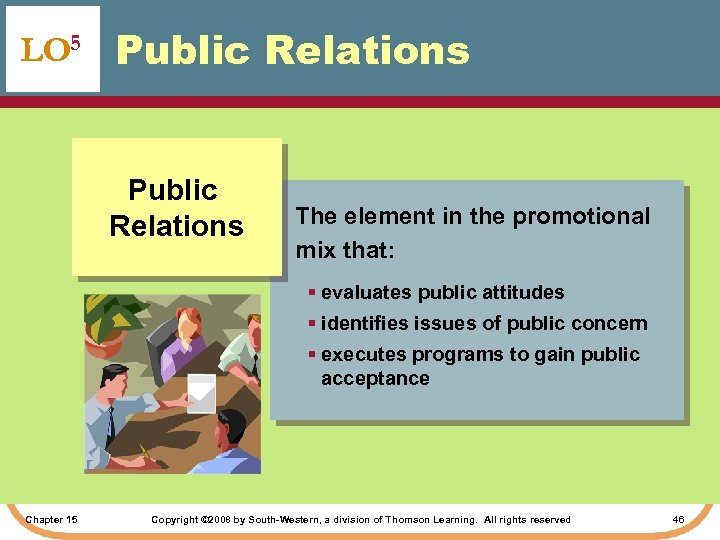 LO 5 Public Relations The element in the promotional mix that: § evaluates public