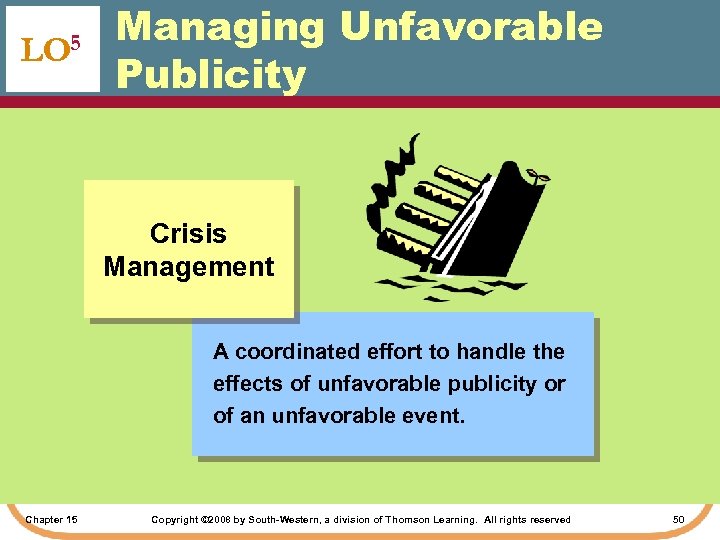 LO 5 Managing Unfavorable Publicity Crisis Management A coordinated effort to handle the effects