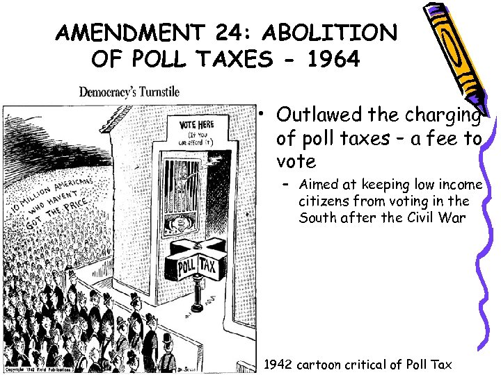 AMENDMENT 24: ABOLITION OF POLL TAXES - 1964 • Outlawed the charging of poll