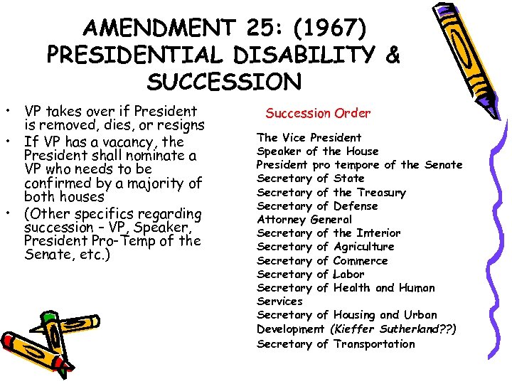 AMENDMENT 25: (1967) PRESIDENTIAL DISABILITY & SUCCESSION • VP takes over if President is