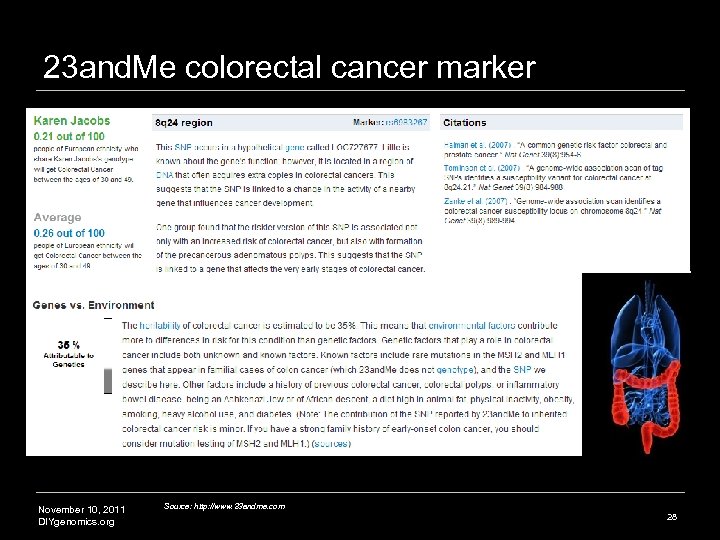 23 and. Me colorectal cancer marker November 10, 2011 DIYgenomics. org Source: http: //www.